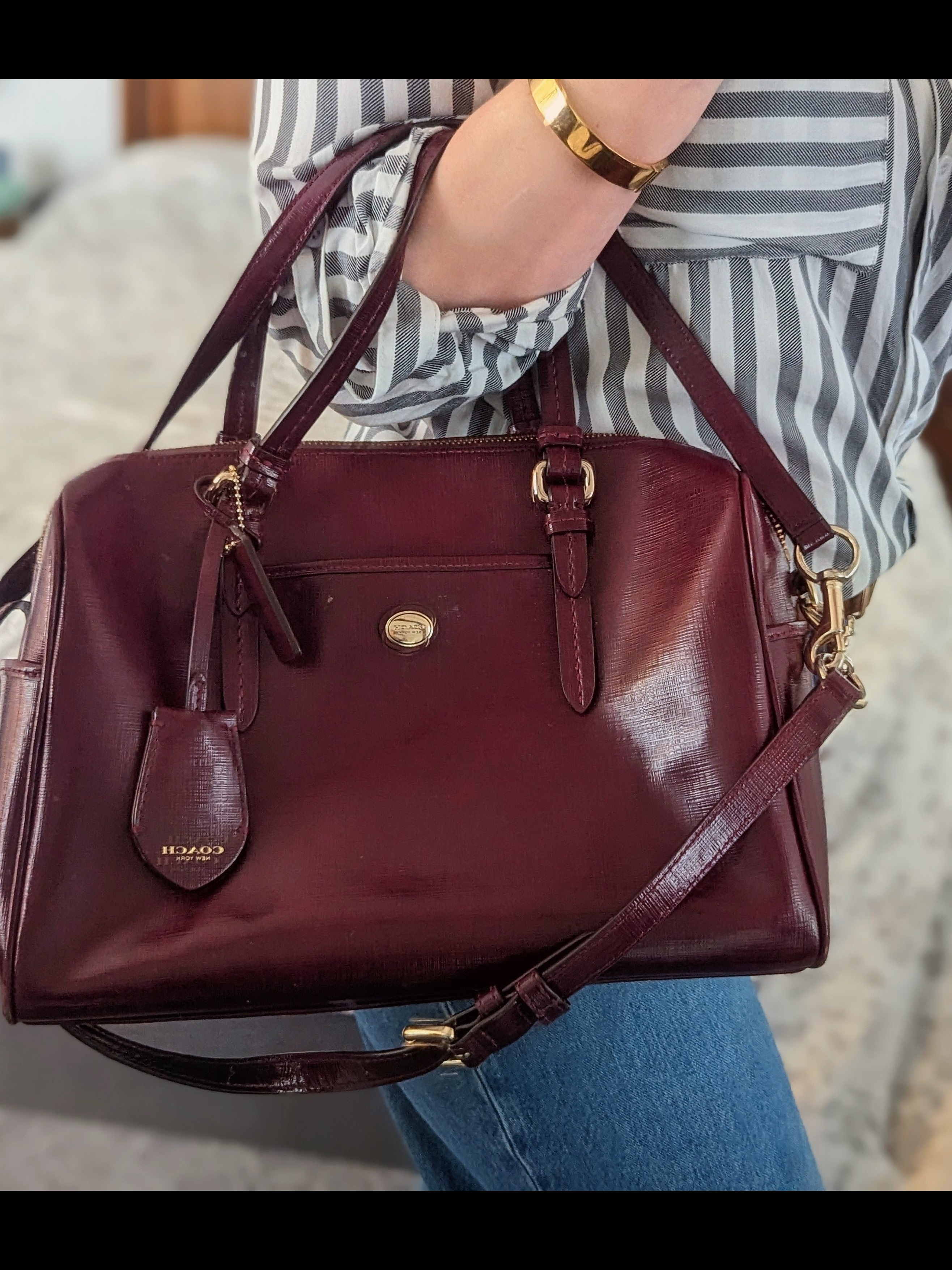 Coach Deep Burgundy Leather Satchel With Gold Hardware